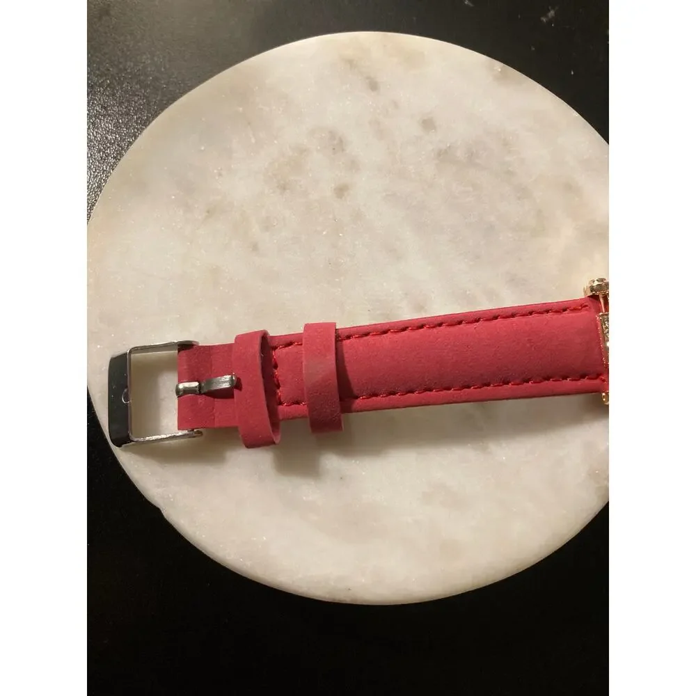 Women’s wrist watch red band golden , bling detail